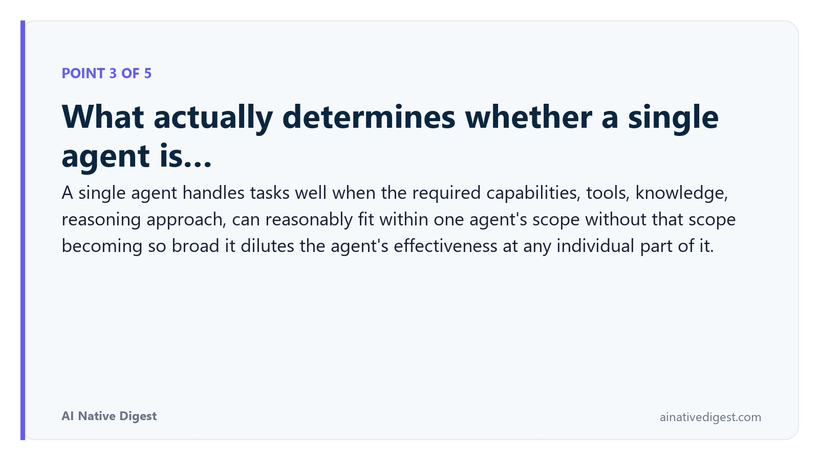 Point 3 of 5: What actually determines whether a single agent is…. A single agent handles tasks well when the required capabilities, tools, knowledge, reasoning approach, can reasonably fit within one agent's scope without that scope becoming so broad it dilutes the agent's effectiveness at any individual part of it. ainativedigest.com