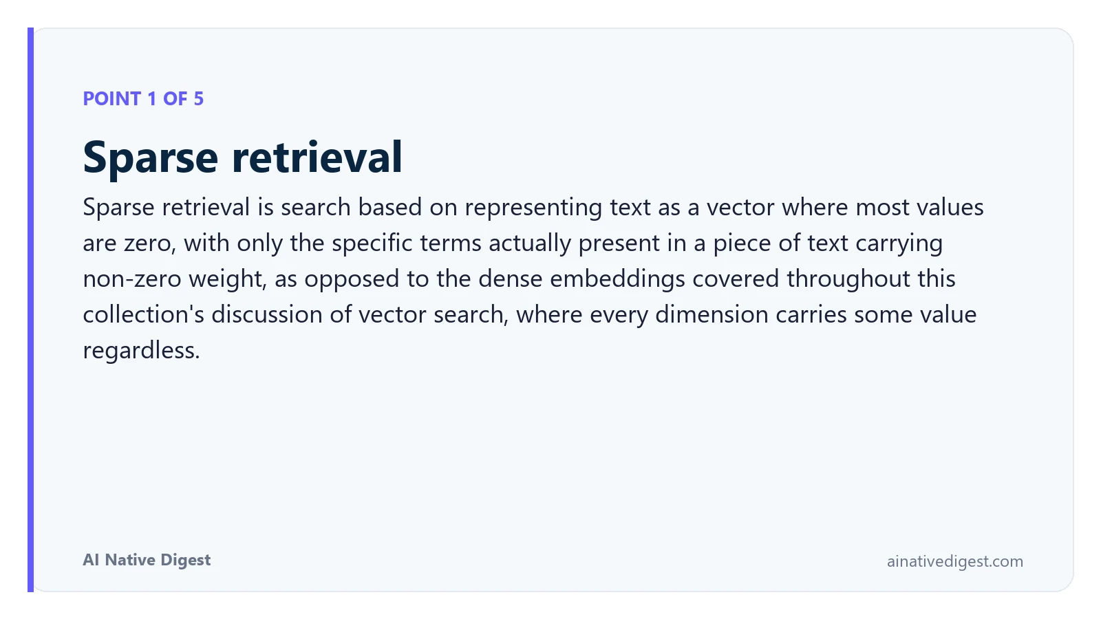 Point 1 of 5: Sparse retrieval. Sparse retrieval is search based on representing text as a vector where most values are zero, with only the specific terms actually present in a piece of text carrying non-zero weight, as opposed to the dense embeddings covered throughout this collection's discussion of vector search, where every dimension carries some value regardless. ainativedigest.com