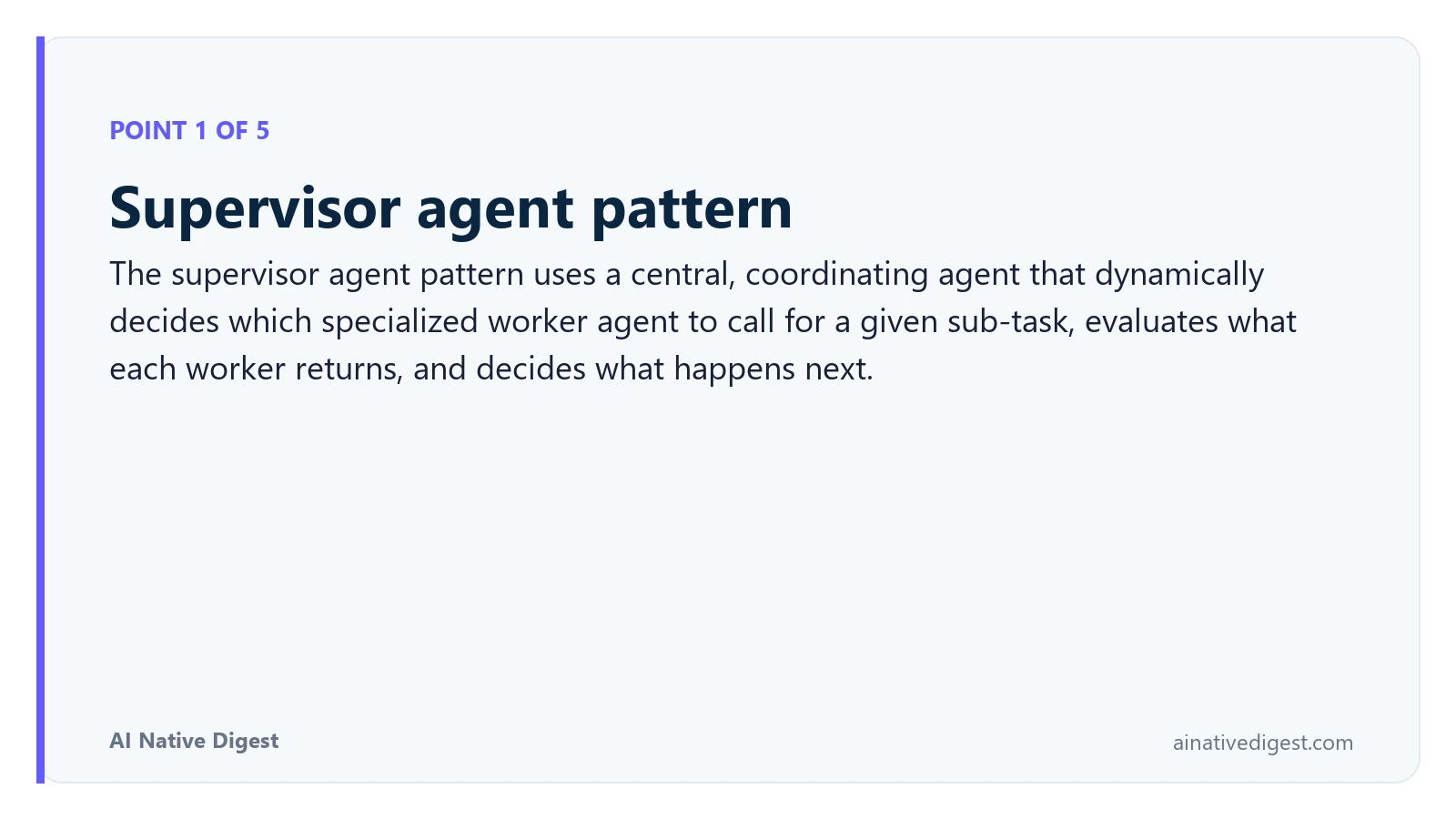 Point 1 of 5: Supervisor agent pattern. The supervisor agent pattern uses a central, coordinating agent that dynamically decides which specialized worker agent to call for a given sub-task, evaluates what each worker returns, and decides what happens next. ainativedigest.com