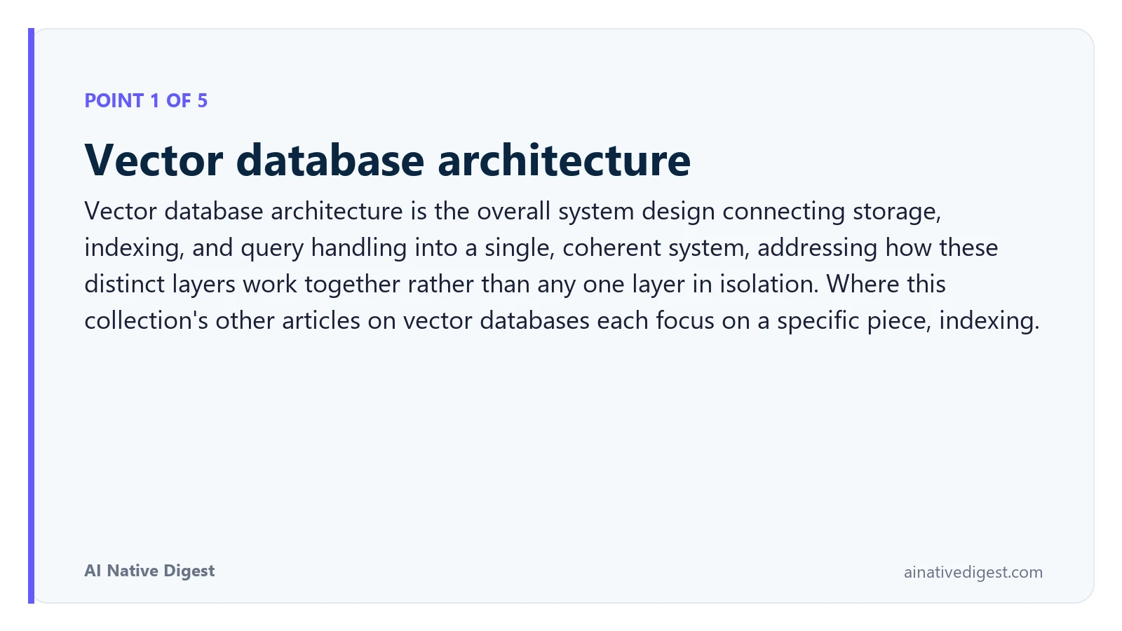 Point 1 of 5: Vector database architecture. Vector database architecture is the overall system design connecting storage, indexing, and query handling into a single, coherent system, addressing how these distinct layers work together rather than any one layer in isolation. Where this collection's other articles on vector databases each focus on a specific piece, indexing. ainativedigest.com