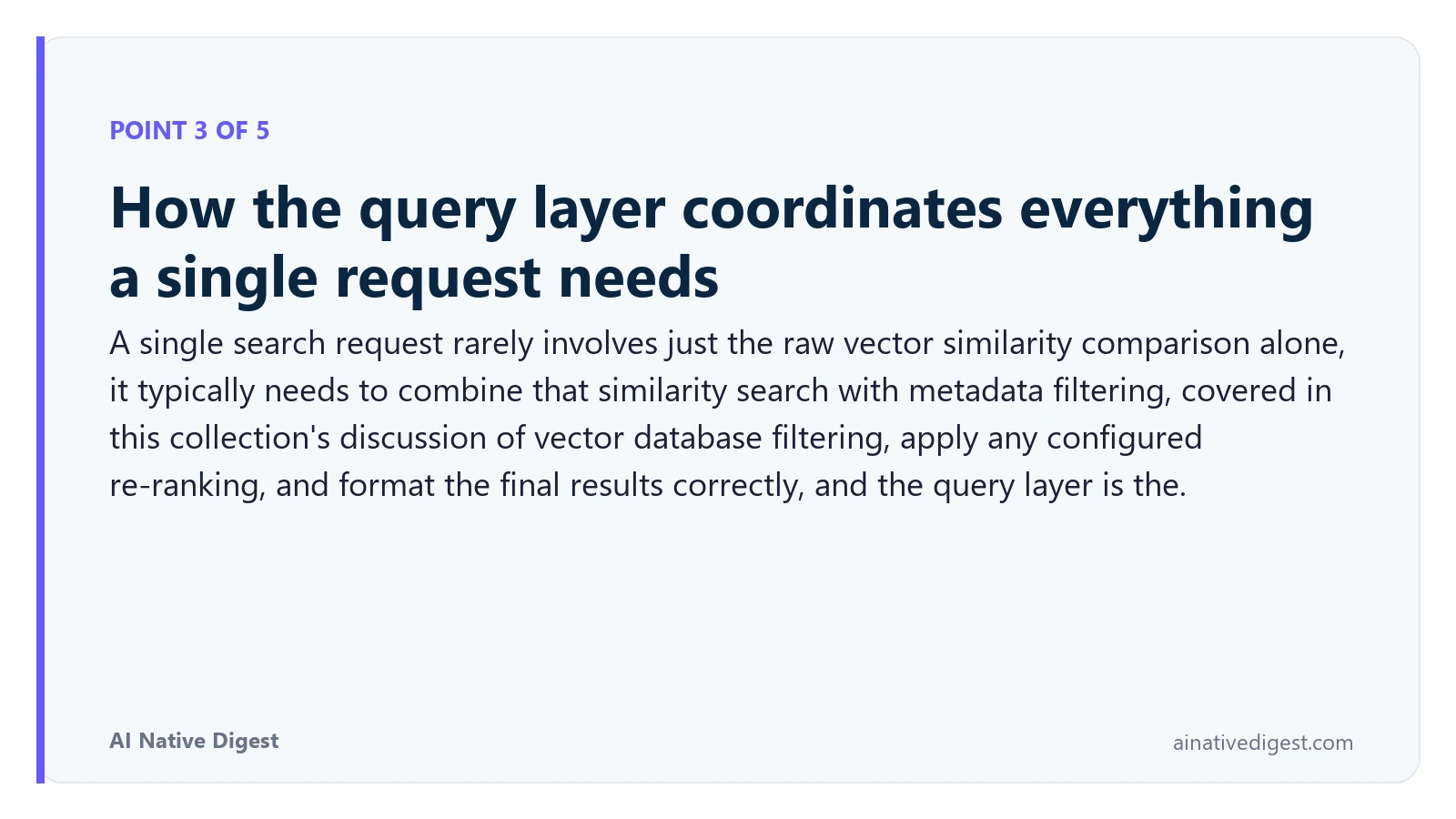 Point 3 of 5: How the query layer coordinates everything a single request needs. A single search request rarely involves just the raw vector similarity comparison alone, it typically needs to combine that similarity search with metadata filtering, covered in this collection's discussion of vector database filtering, apply any configured re-ranking, and format the final results correctly, and the query layer is the. ainativedigest.com