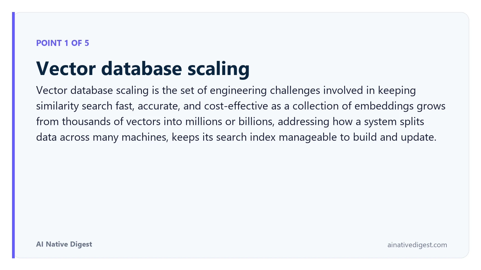 Point 1 of 5: Vector database scaling. Vector database scaling is the set of engineering challenges involved in keeping similarity search fast, accurate, and cost-effective as a collection of embeddings grows from thousands of vectors into millions or billions, addressing how a system splits data across many machines, keeps its search index manageable to build and update. ainativedigest.com
