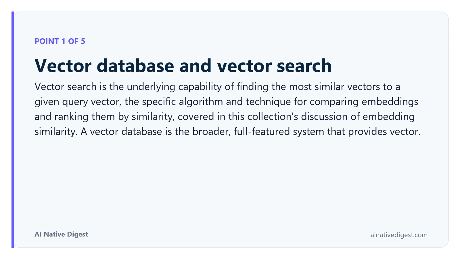 Point 1 of 5: Vector database and vector search. Vector search is the underlying capability of finding the most similar vectors to a given query vector, the specific algorithm and technique for comparing embeddings and ranking them by similarity, covered in this collection's discussion of embedding similarity. A vector database is the broader, full-featured system that provides vector. ainativedigest.com