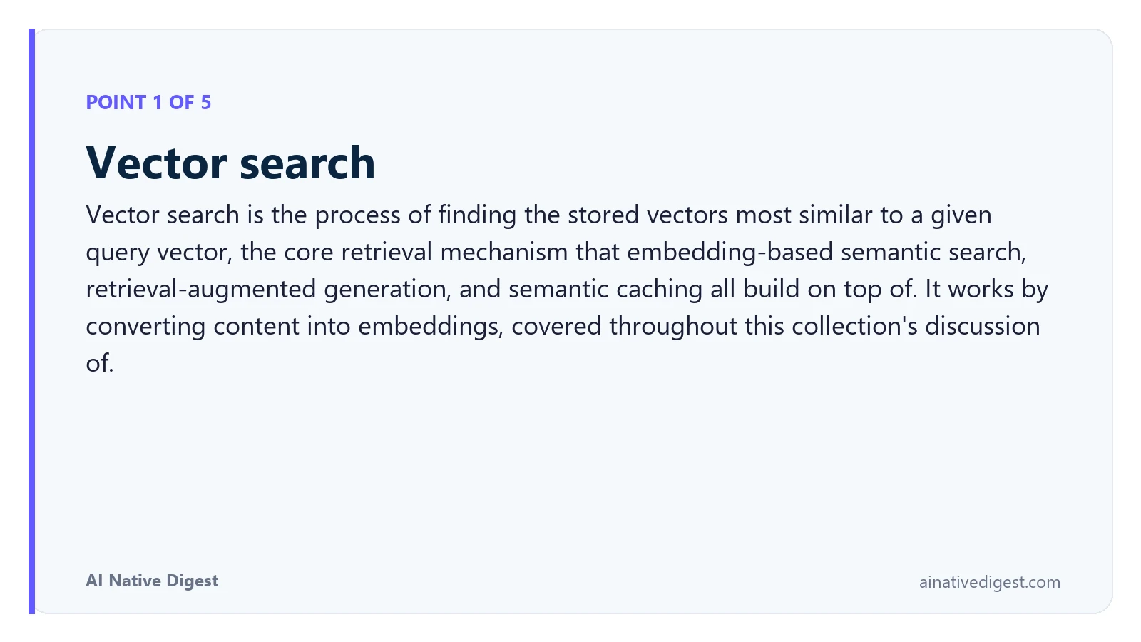 Point 1 of 5: Vector search. Vector search is the process of finding the stored vectors most similar to a given query vector, the core retrieval mechanism that embedding-based semantic search, retrieval-augmented generation, and semantic caching all build on top of. It works by converting content into embeddings, covered throughout this collection's discussion of. ainativedigest.com