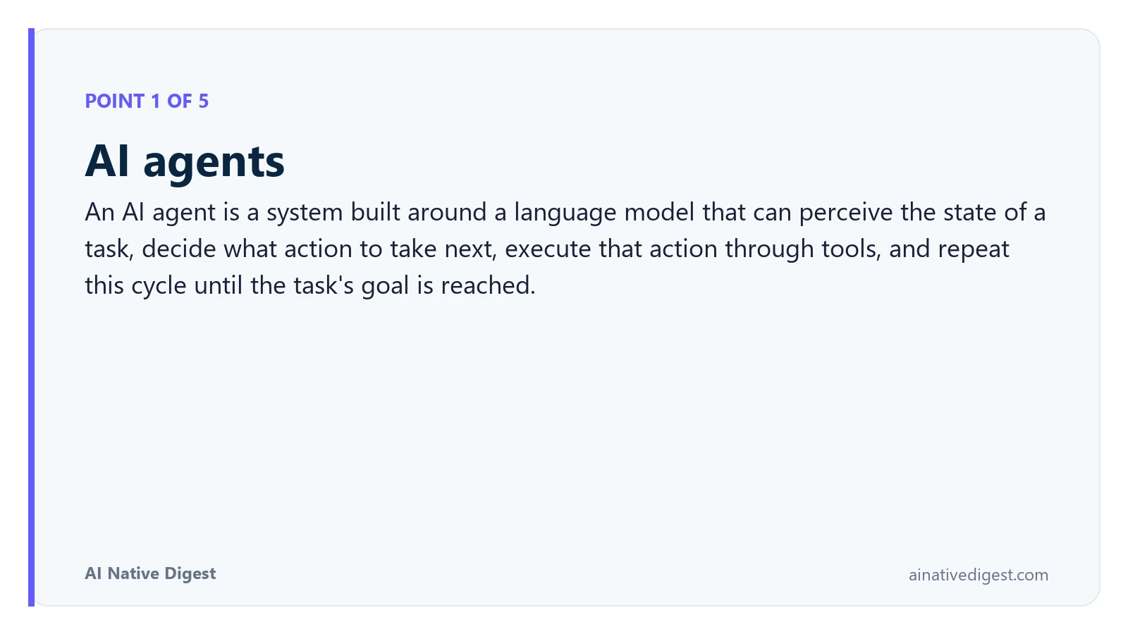 Point 1 of 5: AI agents. An AI agent is a system built around a language model that can perceive the state of a task, decide what action to take next, execute that action through tools, and repeat this cycle until the task's goal is reached. ainativedigest.com