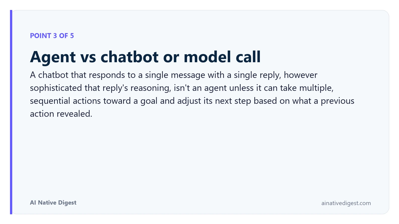 Point 3 of 5: Agent vs chatbot or model call. A chatbot that responds to a single message with a single reply, however sophisticated that reply's reasoning, isn't an agent unless it can take multiple, sequential actions toward a goal and adjust its next step based on what a previous action revealed. ainativedigest.com