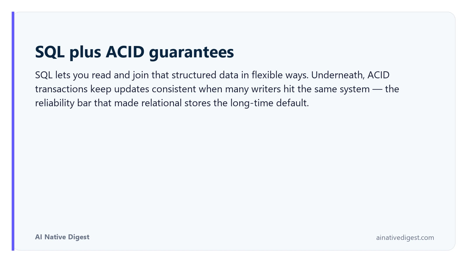 SQL plus ACID guarantees. SQL lets you read and join that structured data in flexible ways. Underneath, ACID transactions keep updates consistent when many writers hit the same system — the reliability bar that made relational stores the long-time default. ainativedigest.com