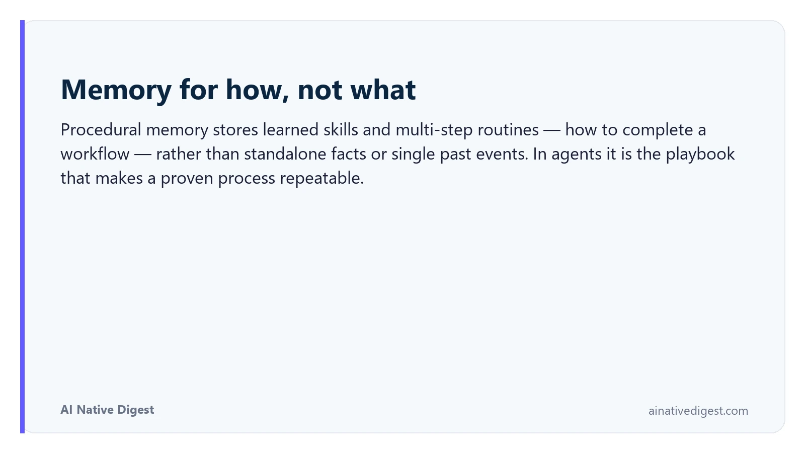 Memory for how, not what. Procedural memory stores learned skills and multi-step routines — how to complete a workflow — rather than standalone facts or single past events. In agents it is the playbook that makes a proven process repeatable. ainativedigest.com