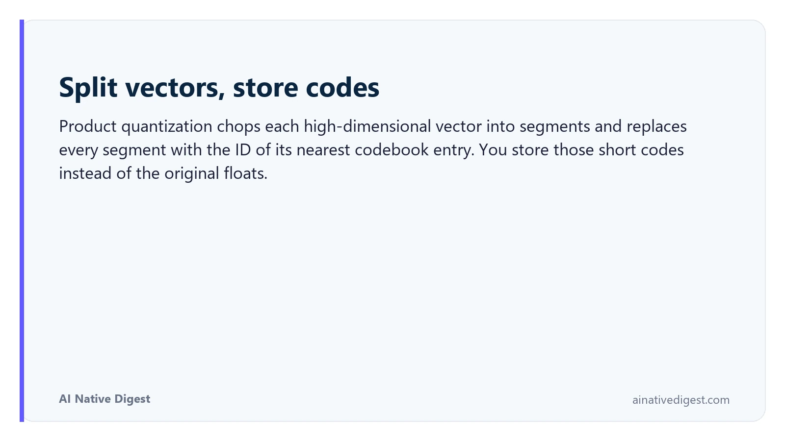 Split vectors, store codes. Product quantization chops each high-dimensional vector into segments and replaces every segment with the ID of its nearest codebook entry. You store those short codes instead of the original floats. ainativedigest.com
