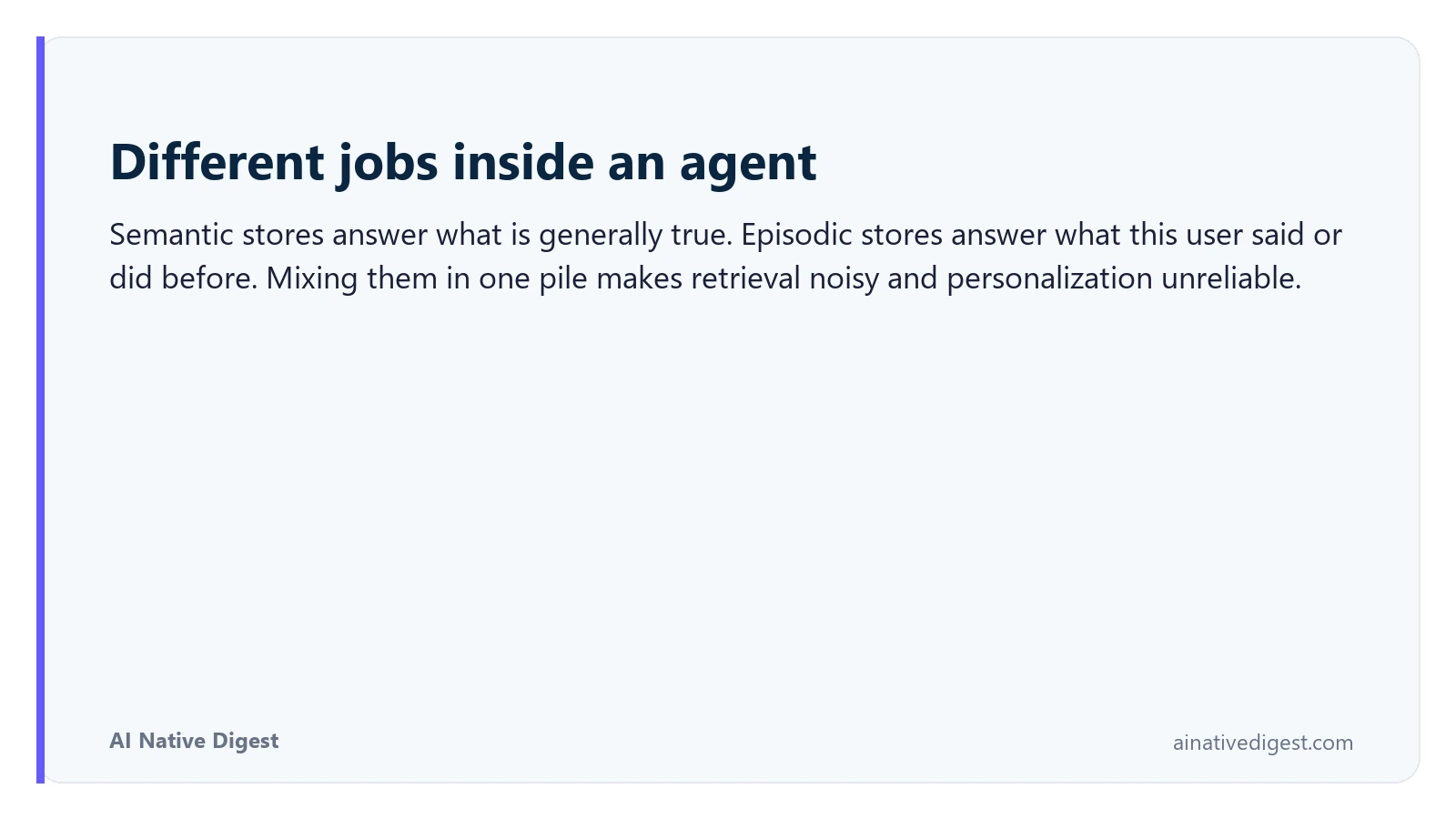 Different jobs inside an agent. Semantic stores answer what is generally true. Episodic stores answer what this user said or did before. Mixing them in one pile makes retrieval noisy and personalization unreliable. ainativedigest.com